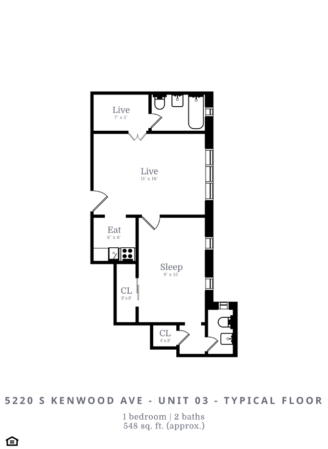 Floor plan for 1 bed, 1.5 baths, 548 sqft
